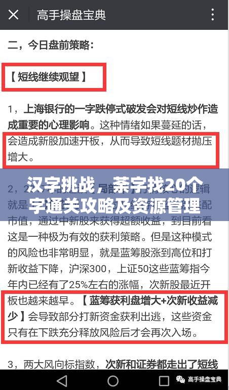 汉字挑战，荼字找20个字通关攻略及资源管理高效策略解析