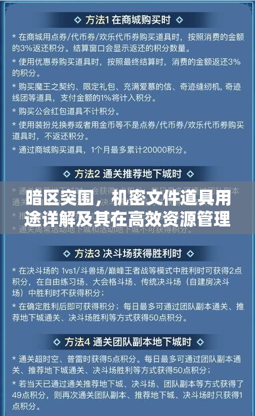 暗区突围，机密文件道具用途详解及其在高效资源管理中的核心地位