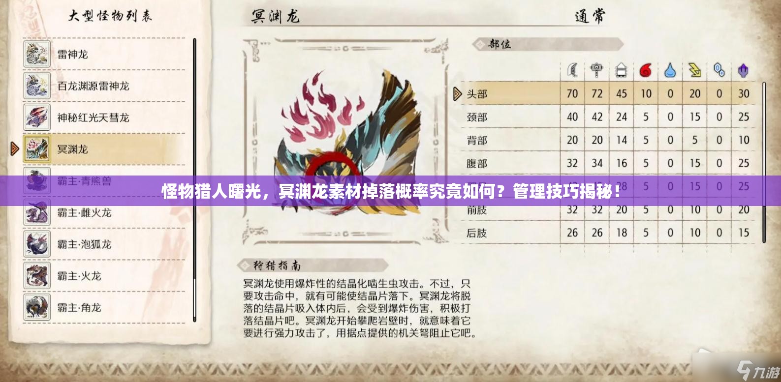 怪物猎人曙光，冥渊龙素材掉落概率究竟如何？管理技巧揭秘！