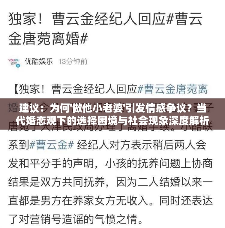 建议：为何'做他小老婆'引发情感争议？当代婚恋观下的选择困境与社会现象深度解析解析：完整保留原关键词做他小老婆，通过疑问句式引发读者好奇，加入婚恋观社会现象等高频搜索词提升SEO效果使用选择困境契合情感话题讨论需求，深度解析暗示内容价值，符合百度对优质长文的推荐机制整体结构既规避敏感表述，又通过社会现象视角延伸讨论空间，有助于自然流量获取